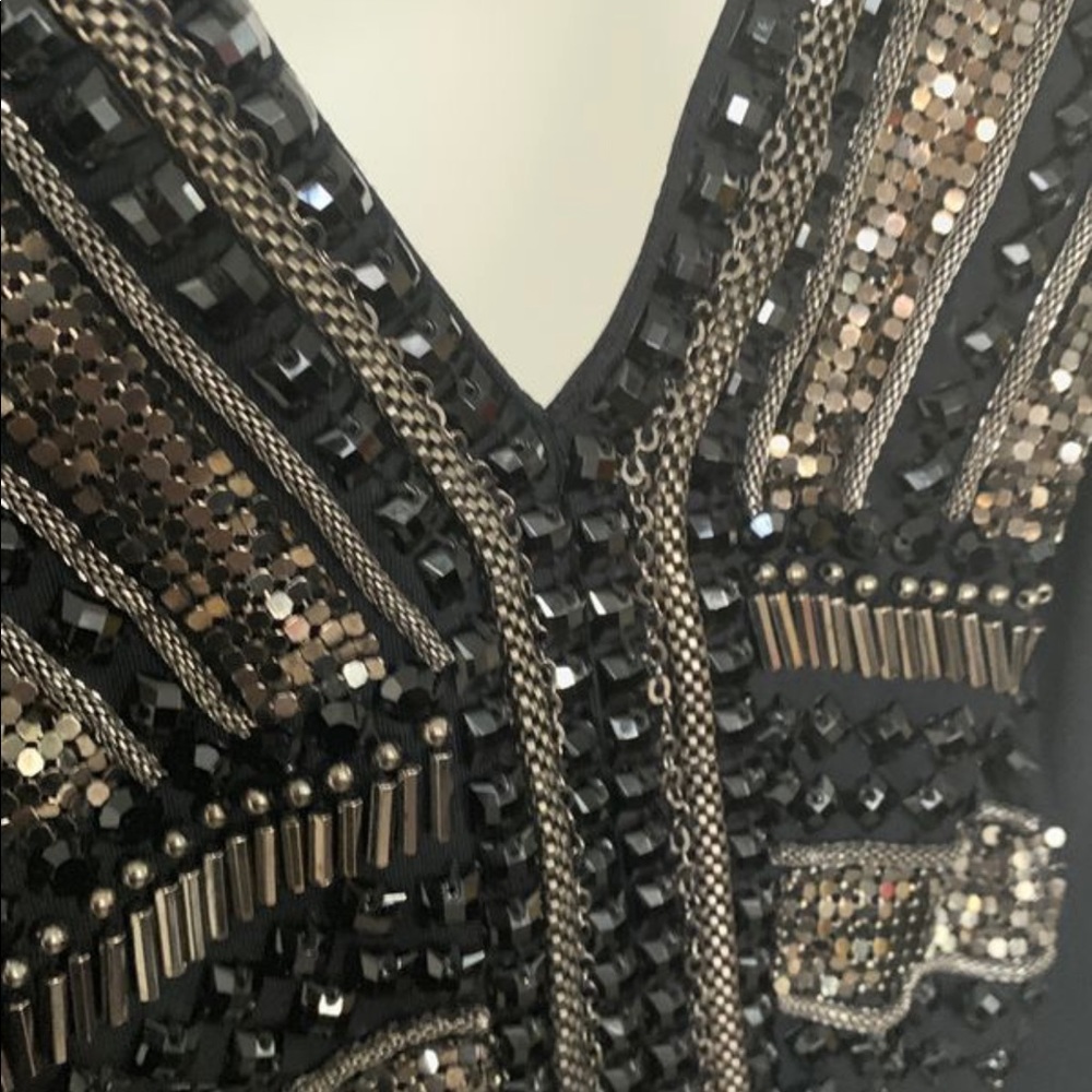 BEBE FRINGE CHAIN SILVER BLACK DRESS NWT - Picture 7 of 9